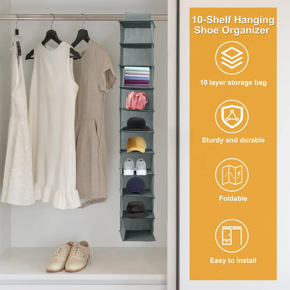 10-Layer Foldable Hanging Shoe Organizer – Non-Woven Space-Saving Shoe Rack for Home Bedroom Closet