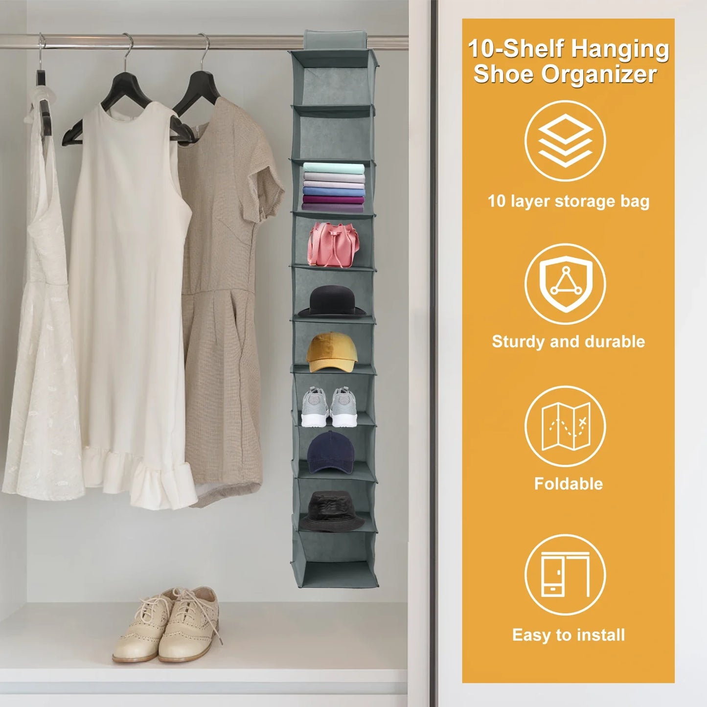 10-Shelf Hanging Shoe Organizer – Foldable Non-Woven Fabric Space-Saving Shoe Rack Multipurpose Storage