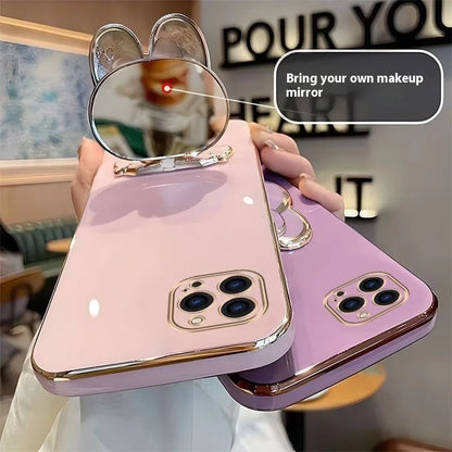 Cute Rabbit Foldable Mobile Phone Stand – 360° Rotating Desktop Holder with Sticky Back for Makeup & Phone Support