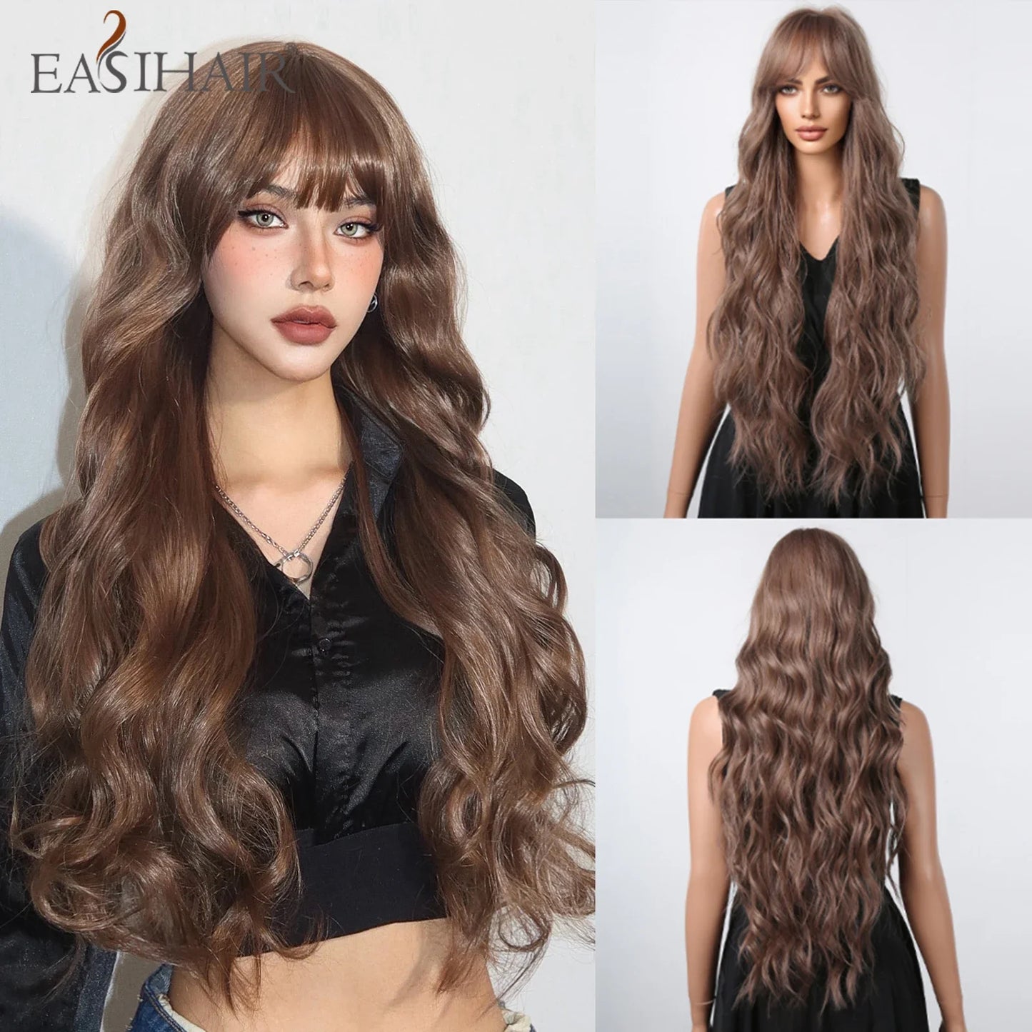 Light Green Long Wavy Synthetic Wig with Bangs – Blackish Green Cosplay & Lolita Style, Heat-Resistant for Women