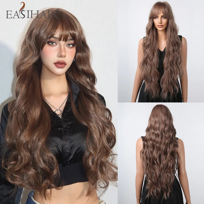 Light Green Long Wavy Synthetic Wig with Bangs – Blackish Green Cosplay & Lolita Style, Heat-Resistant for Women