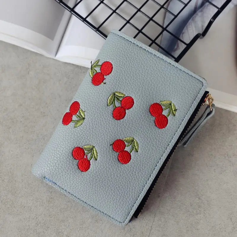 Women’s Cherry Embroidered Short Wallet – Simple Vertical Buckle Zipper Purse for Girls