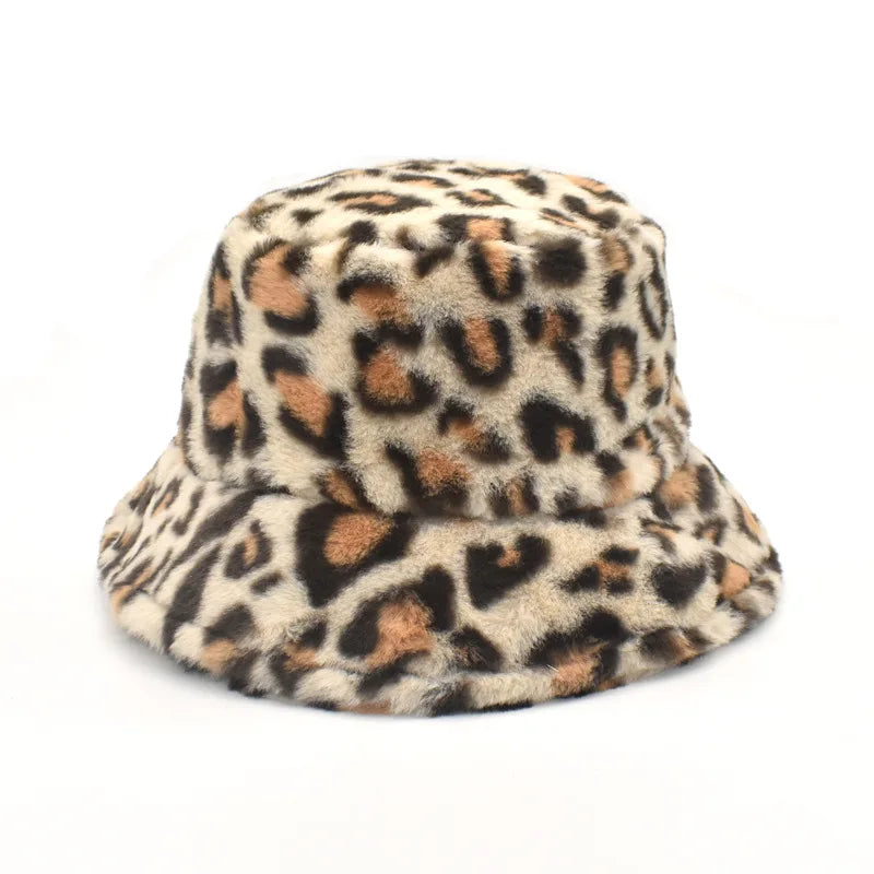 Women’s Winter Bucket Hat – Fashion Leopard Panama, Warm Vintage Faux Fur Fisherman Cap