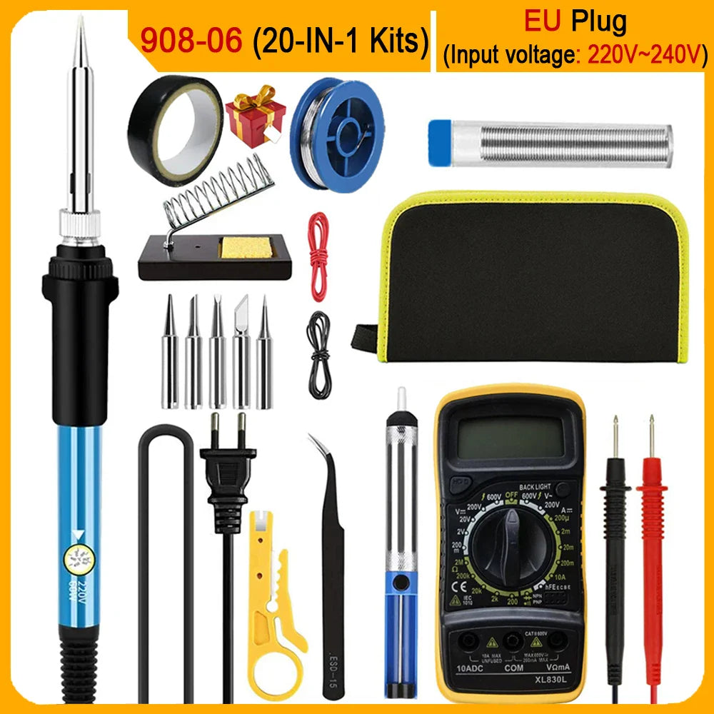 2026 60W Electric Soldering Iron Kit – Adjustable Temperature Welding Tool Set (10-in-1 / 16-in-1 / 20-in-1) with Replaceable Tips for Repair & DIY Projects