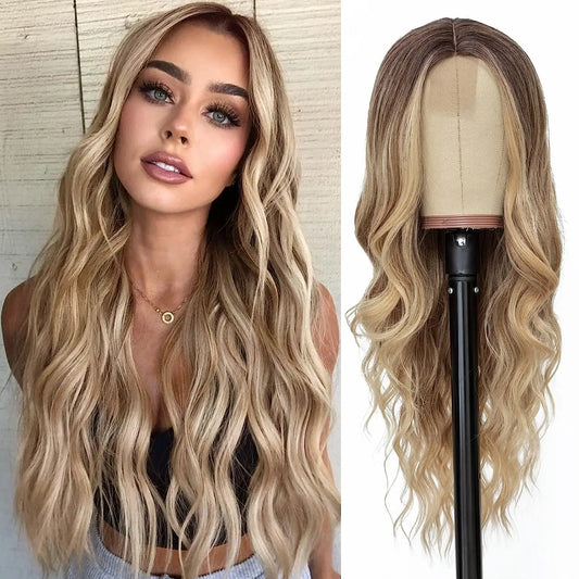 26-Inch Synthetic Ombre Blonde Wavy Wig for Women — Long Middle Part Curly, Heat-Resistant Natural-Look Hair