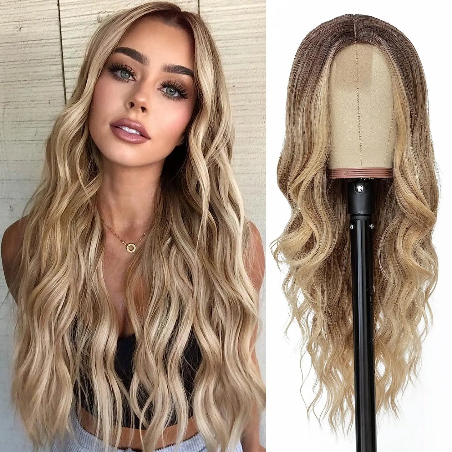 26-Inch Synthetic Ombre Blonde Wavy Wig for Women — Long Middle Part Curly Heat-Resistant Hair Fiber