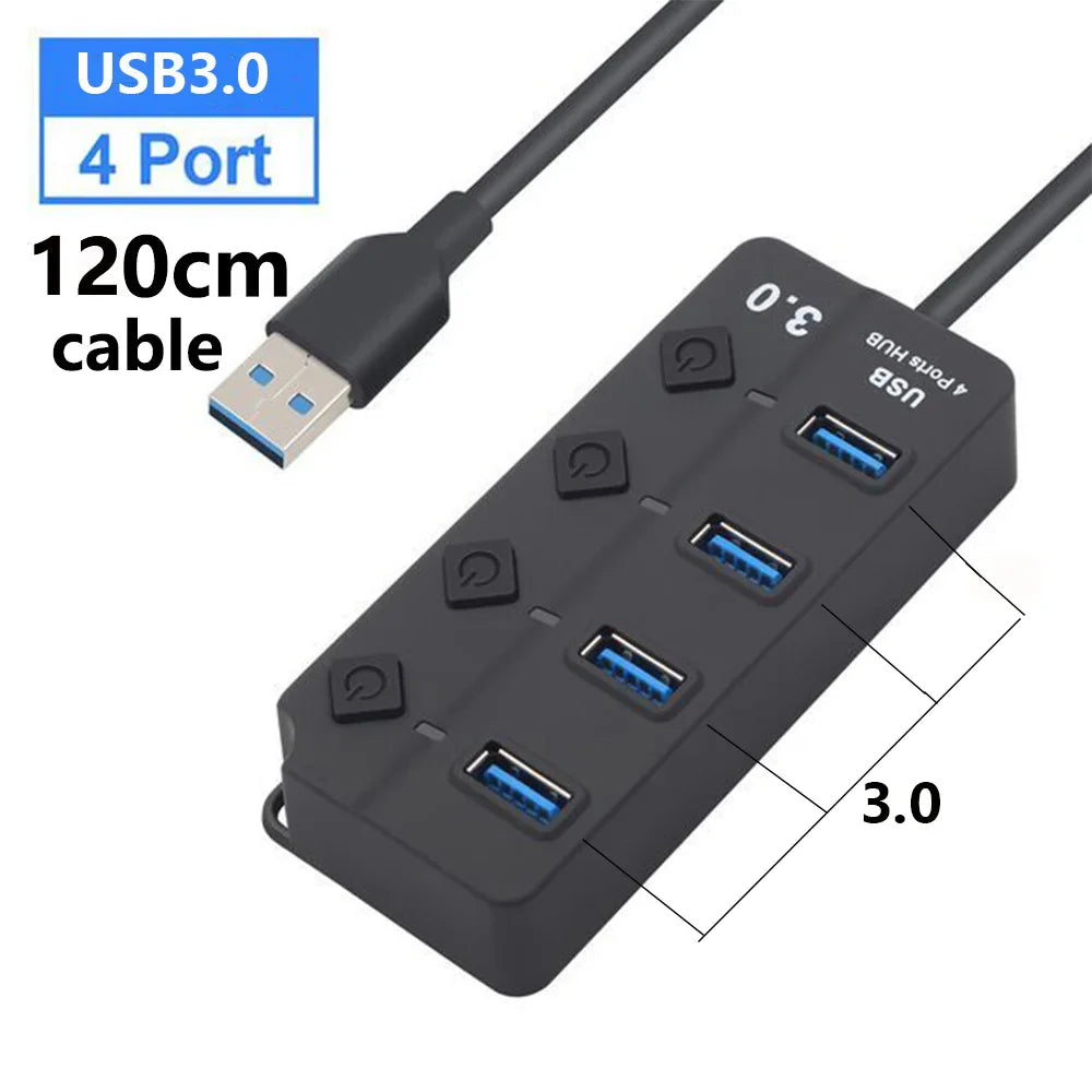 USB 3.0 Hub — 7-Port High-Speed Splitter with Power Adapter, Switch & Long Cable Expander