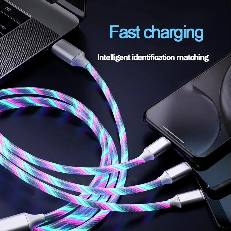 3-in-1 LED Glowing Charging Cable – 3A Micro USB & Type-C Flowing Streamer Cord for iPhone, Xiaomi & Huawei