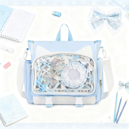 TINYAT Y2K Ita Bag — Waterproof Transparent School Backpack & Crossbody Bag for Girls with Cute Cat Ears