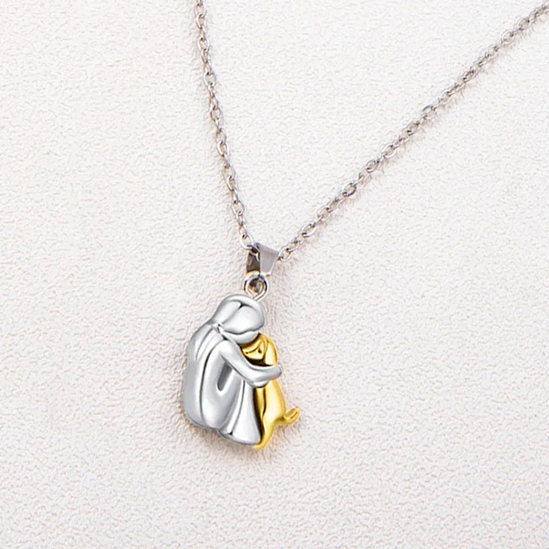 Two-Tone Girl Hugging Dog Necklace - Cute Fashion Pendant for Women and Pet Lovers - Jewelry Accessories