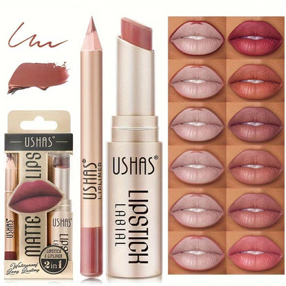 USHAS 12-Color Matte Lipstick & Lip Liner Set – Long-Lasting, Waterproof, Non-Stick Easy Coloring Lip Makeup Kit
