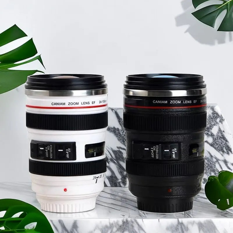 SLR Lens Cup - Camera Lens Model Plastic Casual Cup with Lid EF24-105mm Coffee Mug, White/Black - Creative Gift