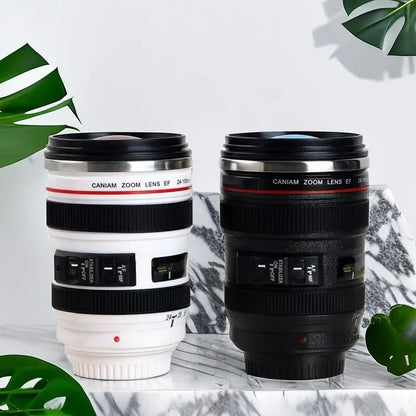 SLR Lens Cup - Camera Lens Model Plastic Casual Cup with Lid EF24-105mm Coffee Mug, White/Black - Creative Gift