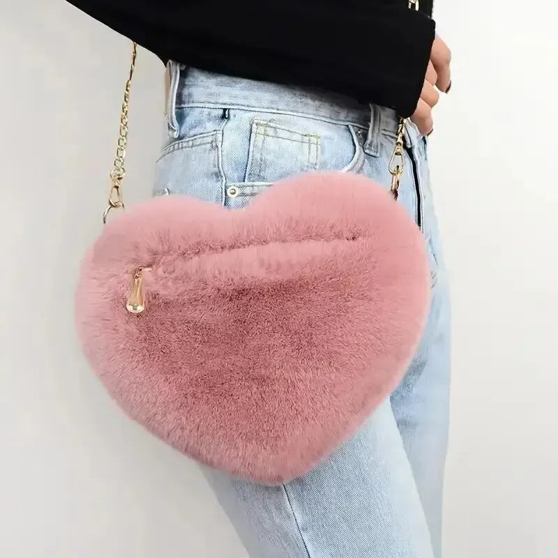 Heart-Shaped Fluffy Shoulder Bag – Fashion Chain Crossbody Plush Handbag & Cute Zipper Purse for Valentine's Day