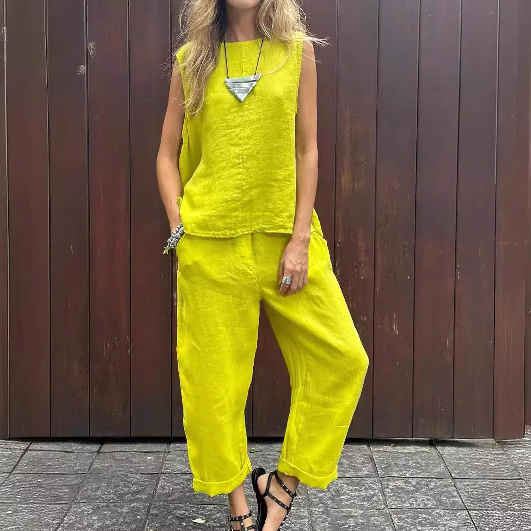Women Summer Cotton Linen 2-Piece Set – Sleeveless Solid Color Top & Trousers Casual Fashion Outfit Suit