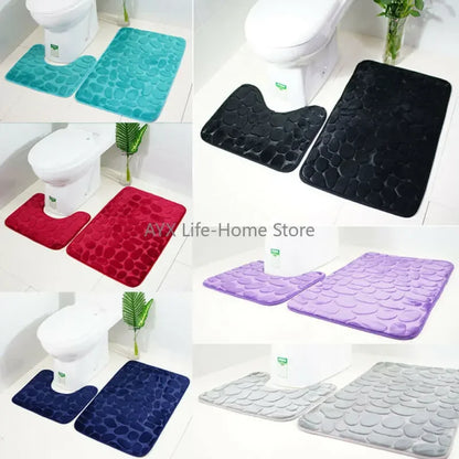 2PC Set Funnel Cobblestone Anti-Slip Bathroom Mat - Toilet Rug, New Bath Mat Set