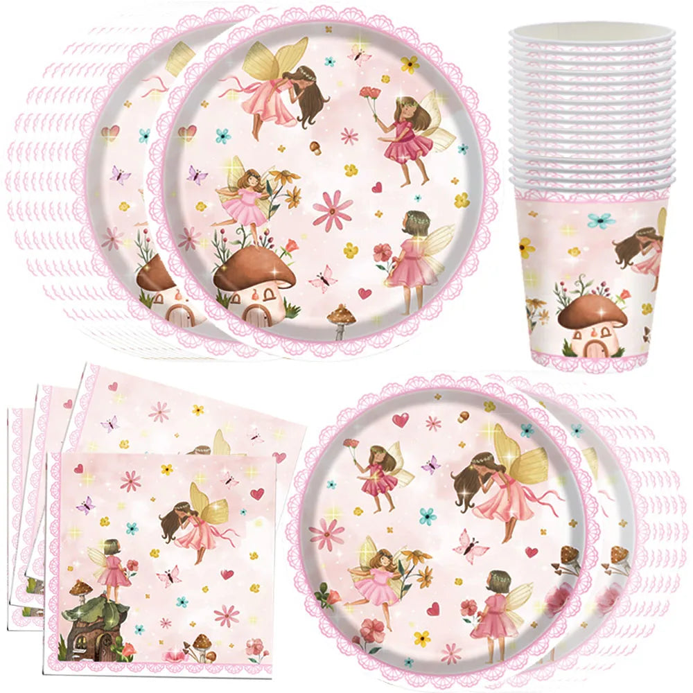 Pink Butterfly Fairy Party Tableware Set – Disposable Plates, Cups & Napkins for Birthday, Wedding & Baby Shower Decor
