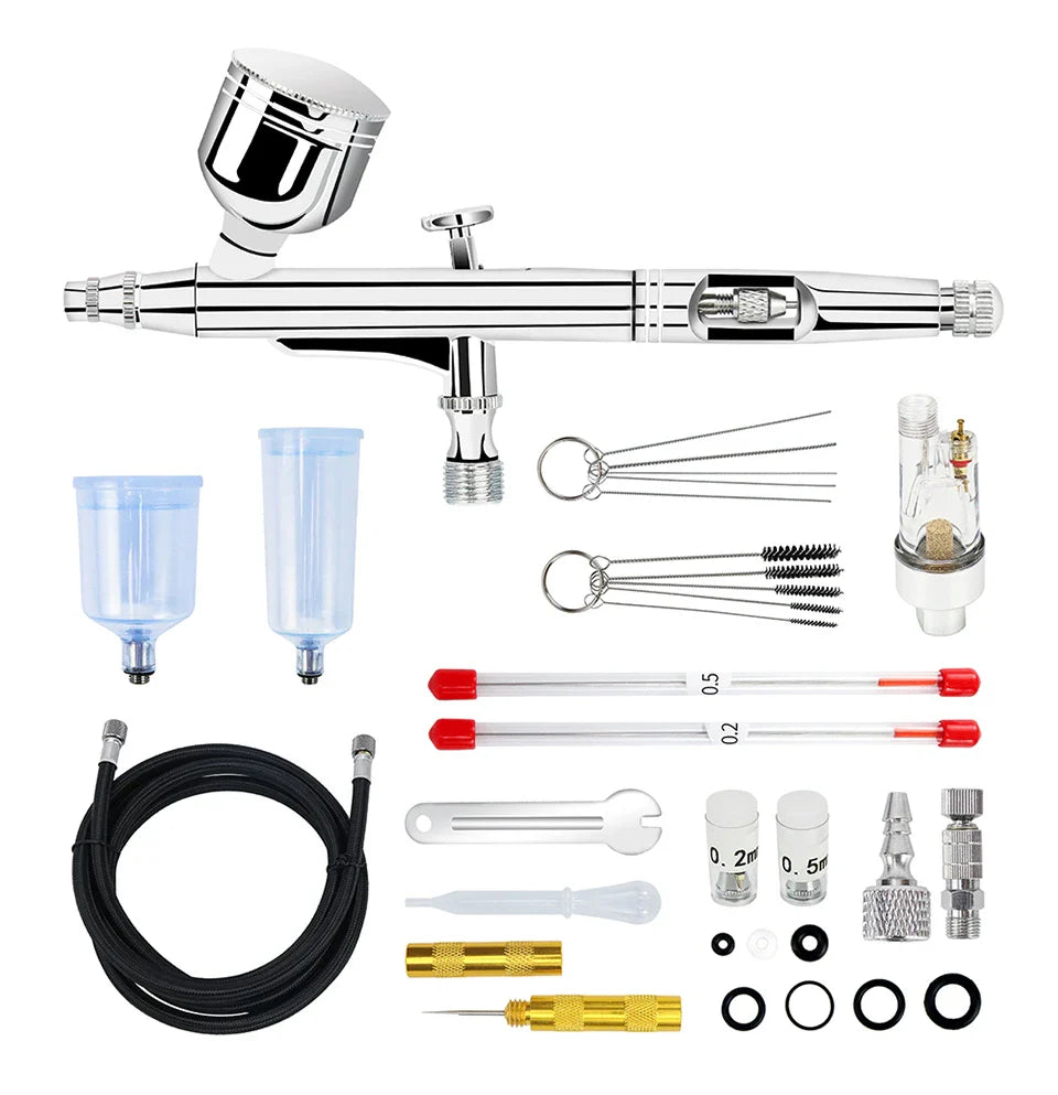 Dual-Action Gravity Airbrush Kit with 0.2/0.3/0.5mm Needles, 7/20/40cc Cups & Cleaning Tools for Makeup, Nail Art, Painting & Car Detailing