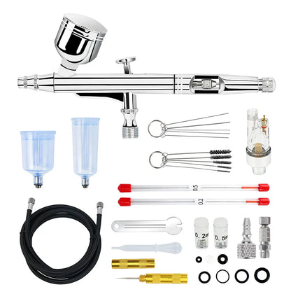 Dual-Action Gravity Airbrush Kit with 0.2/0.3/0.5mm Needles, 7/20/40cc Cups & Cleaning Tools for Makeup, Nail Art, Painting & Car Detailing