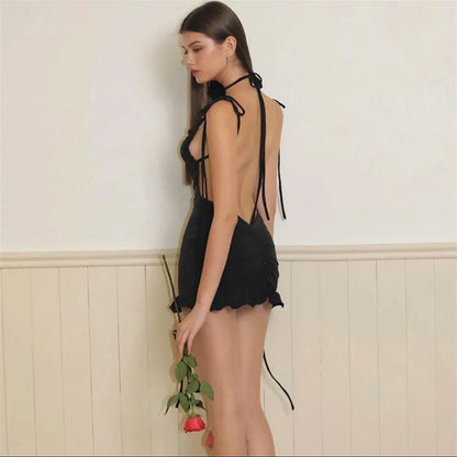 2024 European & American High-End Y2K Sexy Open Back Lace-Up Slim Fit Short Skirt - Spicy Girl Style