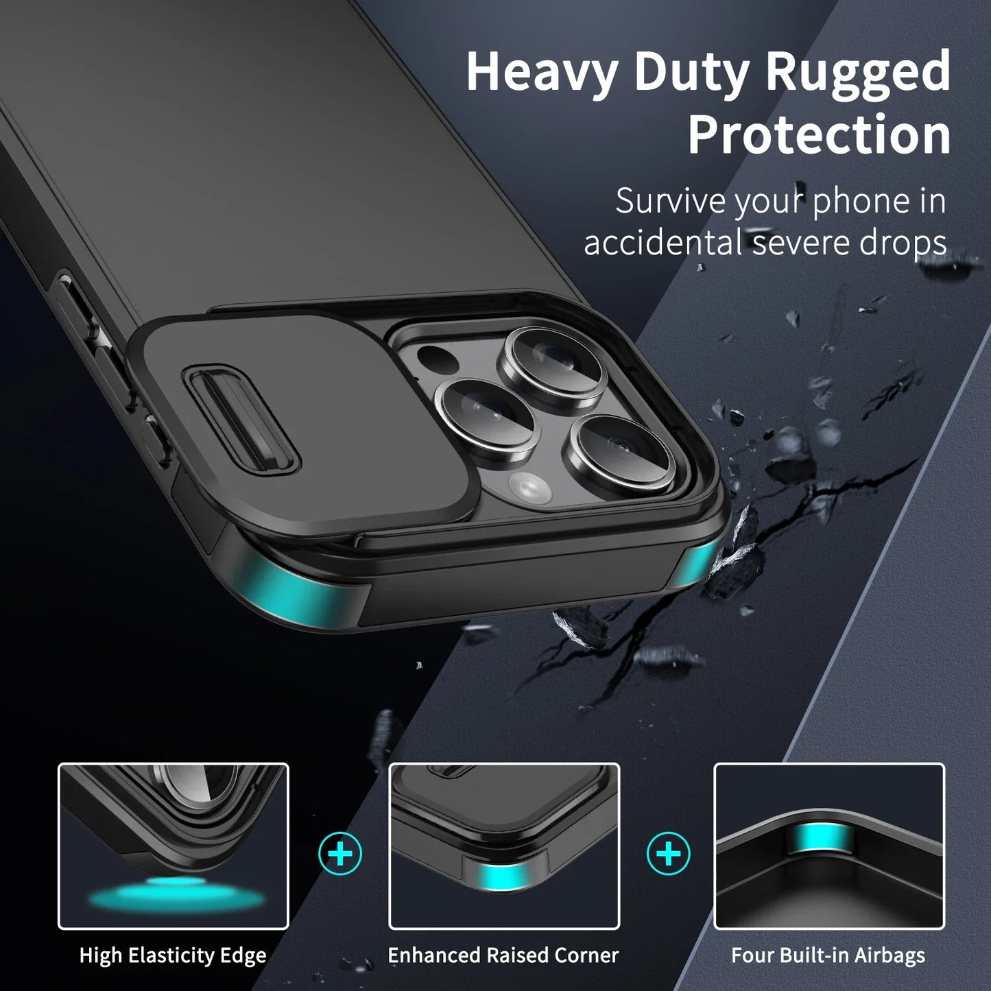 Shockproof Case for iPhone 16, 15 Pro Max, 15 Plus, 14 Pro Max, 13, 12, 11 – Slide Camera Protective Cover