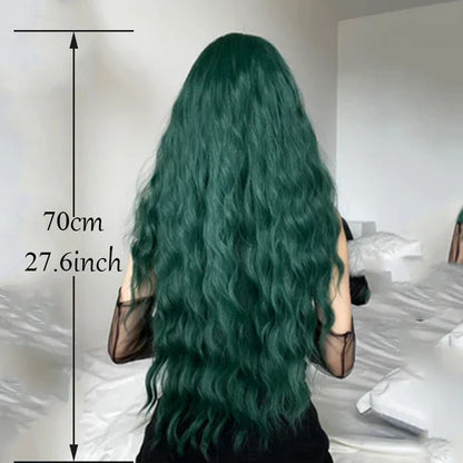 Light Green Long Wavy Synthetic Wig with Bangs – Blackish Green Cosplay & Lolita Style, Heat-Resistant for Women