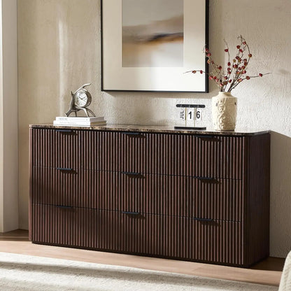 63" Fluted 9-Drawer Bedroom Dresser – Modern Chest with Faux Marble Top, Curved Corners & Customizable Storage Cabinet