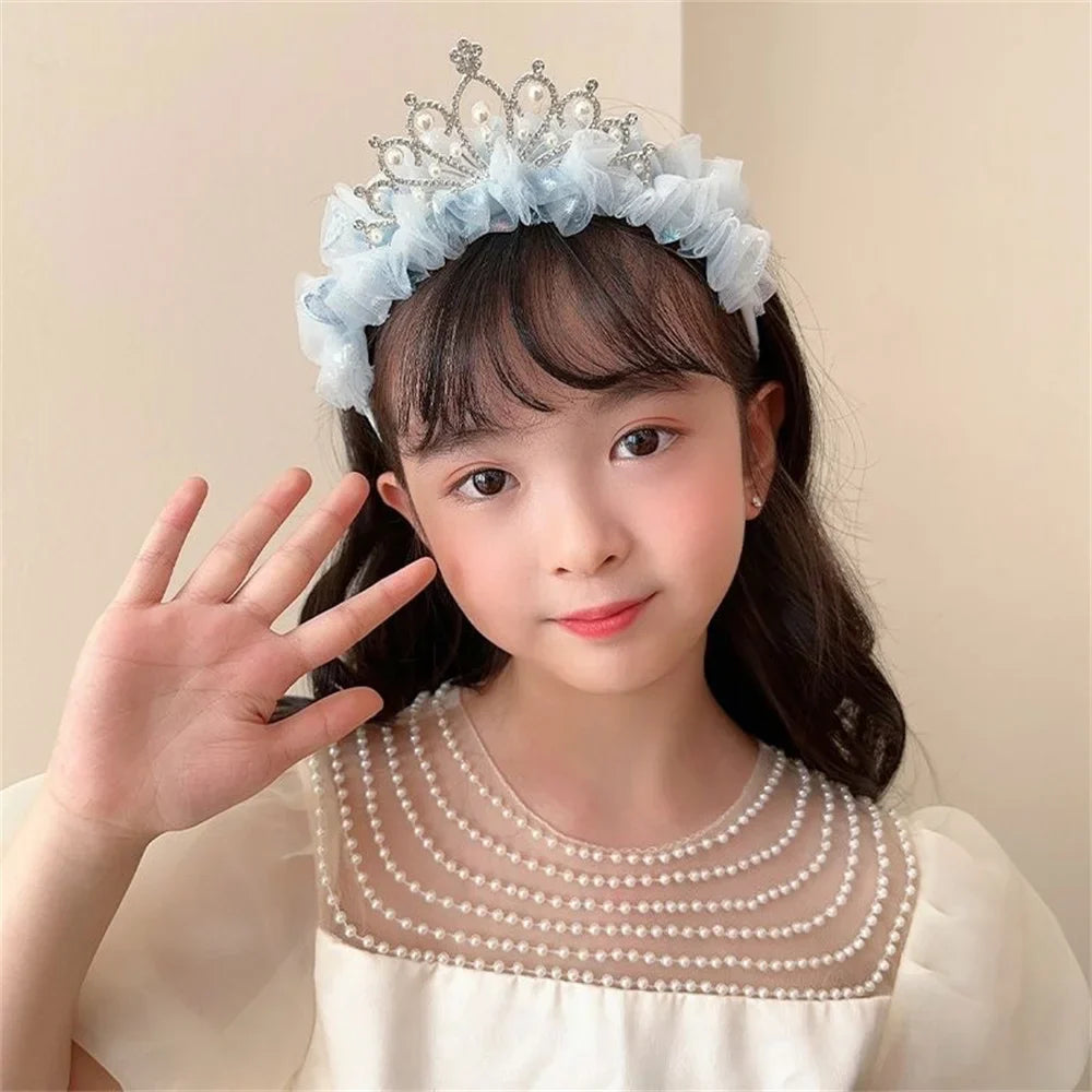 Girls Pearl Crown Headband - Sweet Princess Mesh Hair Hoop for Birthday Parties