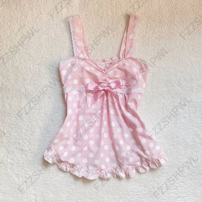 Women’s Grunge Punk Gothic Camisole Top – Y2K V-Neck Bow Lace Slim Fit Crop Cami Streetwear