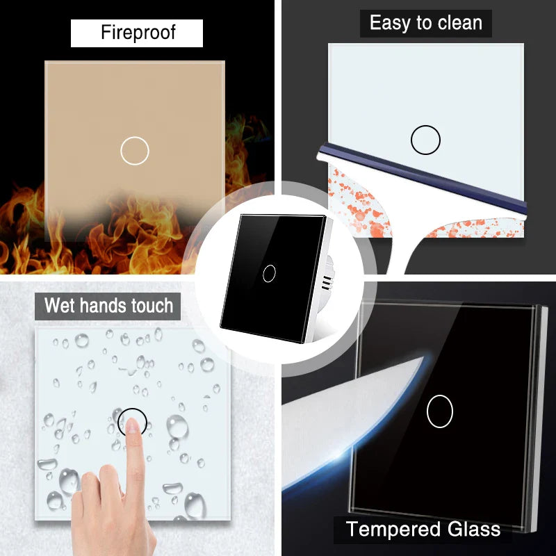 AXUS EU Touch Switch | AC100-240V LED Backlight Panel, Tempered Glass Wall Light Sensor Switch, 1/2/3 Gang