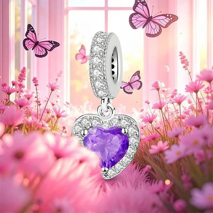 925 Sterling Silver Pink Heart Charm - Zircon Love Pendant Bead for DIY Bracelets, Bangles & Women’s Jewelry