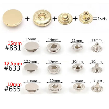 50 Sets Leather Snap Fasteners Kit – 10mm/12mm/15mm Metal Press Studs with 4 Tools for DIY Clothes & Crafts