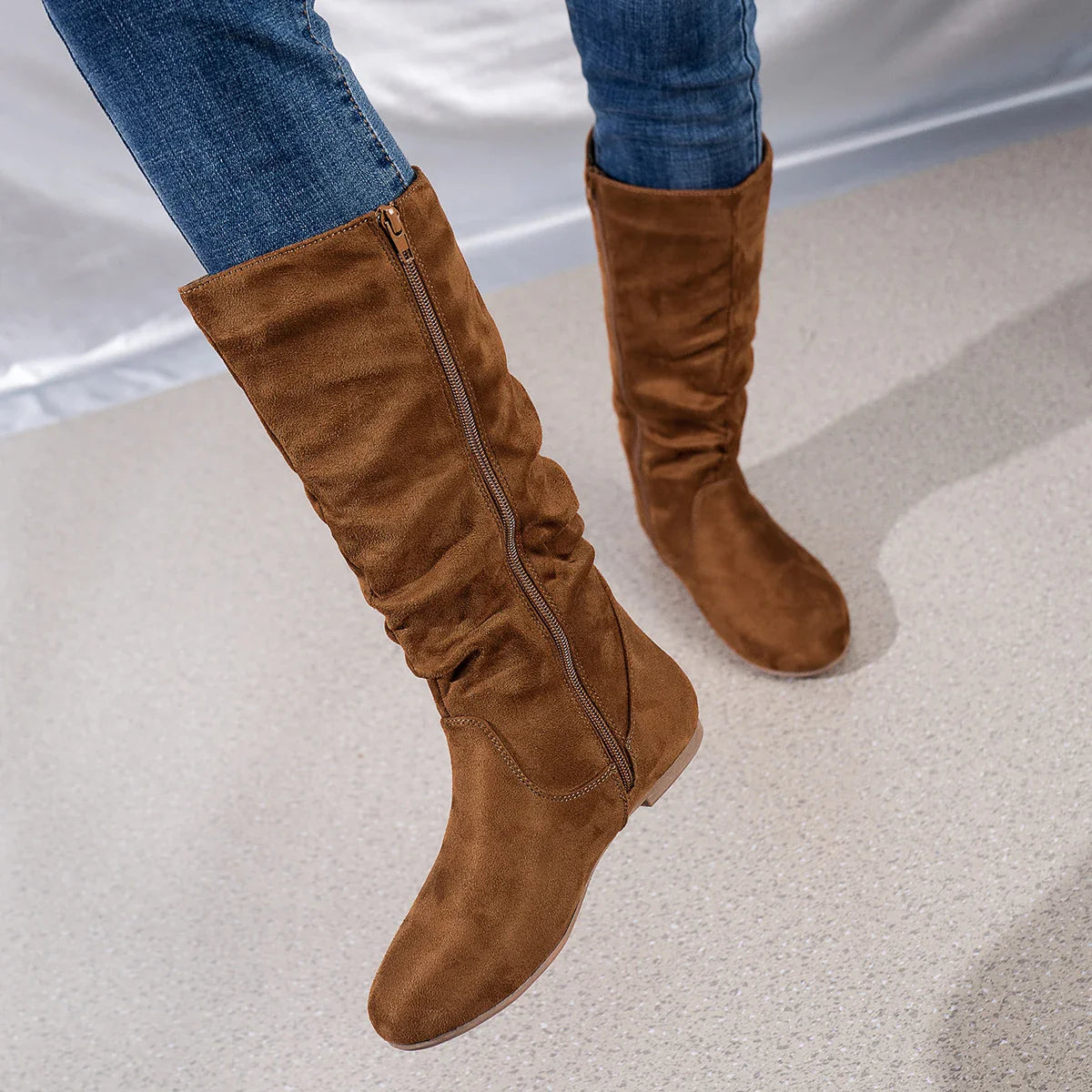 Pleated PU Women’s Fashion Boots – Casual Side-Zip Round Toe Flat High Solid Color Boots