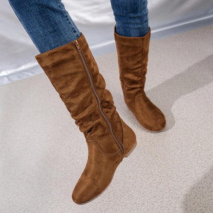 Pleated PU Women’s Fashion Boots – Casual Side-Zip Round Toe Flat High Solid Color Boots