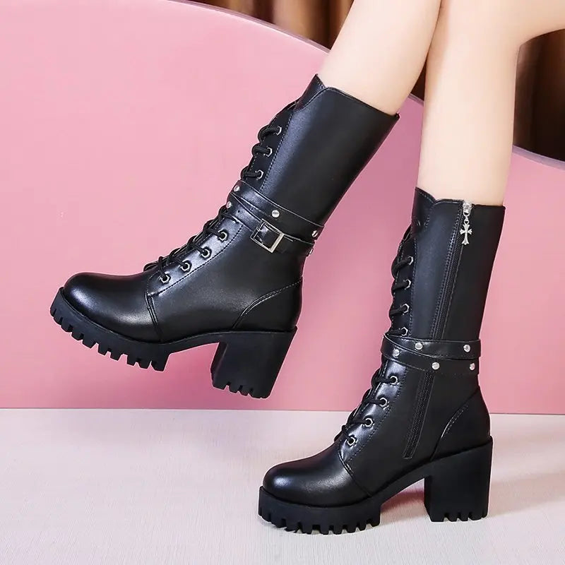 Women’s Winter Mid-Calf Boots – Solid Color, Thick Sole, Buckle Design, Round Toe, Non-Slip Square Heel