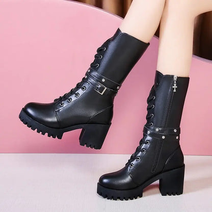 Women’s Winter Mid-Calf Boots – Solid Color, Thick Sole, Buckle Design, Round Toe, Non-Slip Square Heel