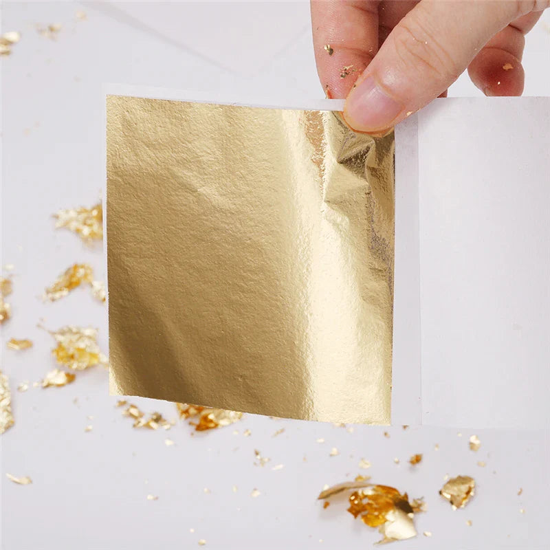 100 Sheets Aomily 9x9cm Pure Shiny Gold Leaf - Ideal for Gilding Furniture, Walls, Crafts, Handicrafts - Gilding Decoration