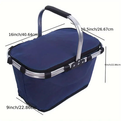 Insulated Picnic & Shopping Basket — Waterproof Foldable Cooler with Locking Lid for Outdoor Food Storage