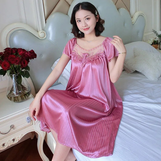 Women’s Ice Silk Nightgown – Medium-Length Short Sleeve Sexy Sleepwear, Loungewear & Home Pyjama for Ladies