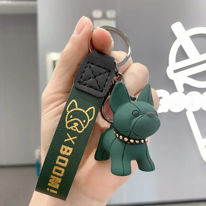 French Bulldog Keychain - Punk Style PU Leather Bag Pendant for Women & Men, Car Key Ring