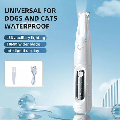 Type-C Dog Paw Trimmer - Waterproof Pet Hair Clippers with LED Light & Display, 18mm Wide Blade Grooming Tool
