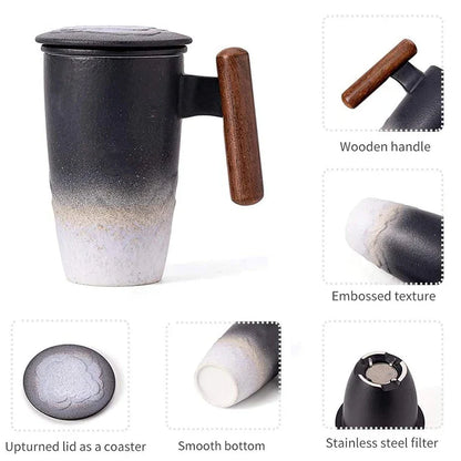 Vintage Luxury Ceramic Bubble Tea Cup with Wooden Handle - Large Thermal Coffee Mug and Personalized Tableware Gift