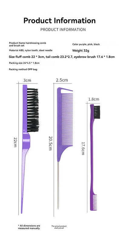New Three-Piece Hair Brush Set – Sharp-Tail Comb, Three-Row Hair Comb, Steel Needle Mouse Tail Comb & Eyebrow Brush Tool