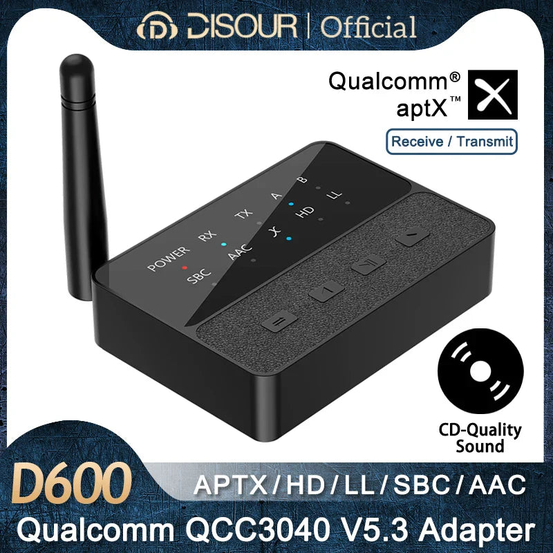 Qualcomm Bluetooth 5.3 aptX/HD/LL Audio Adapter | 3.5mm AUX, R/L Wireless Stereo Receiver & Transmitter for Dual Bluetooth Device Connection
