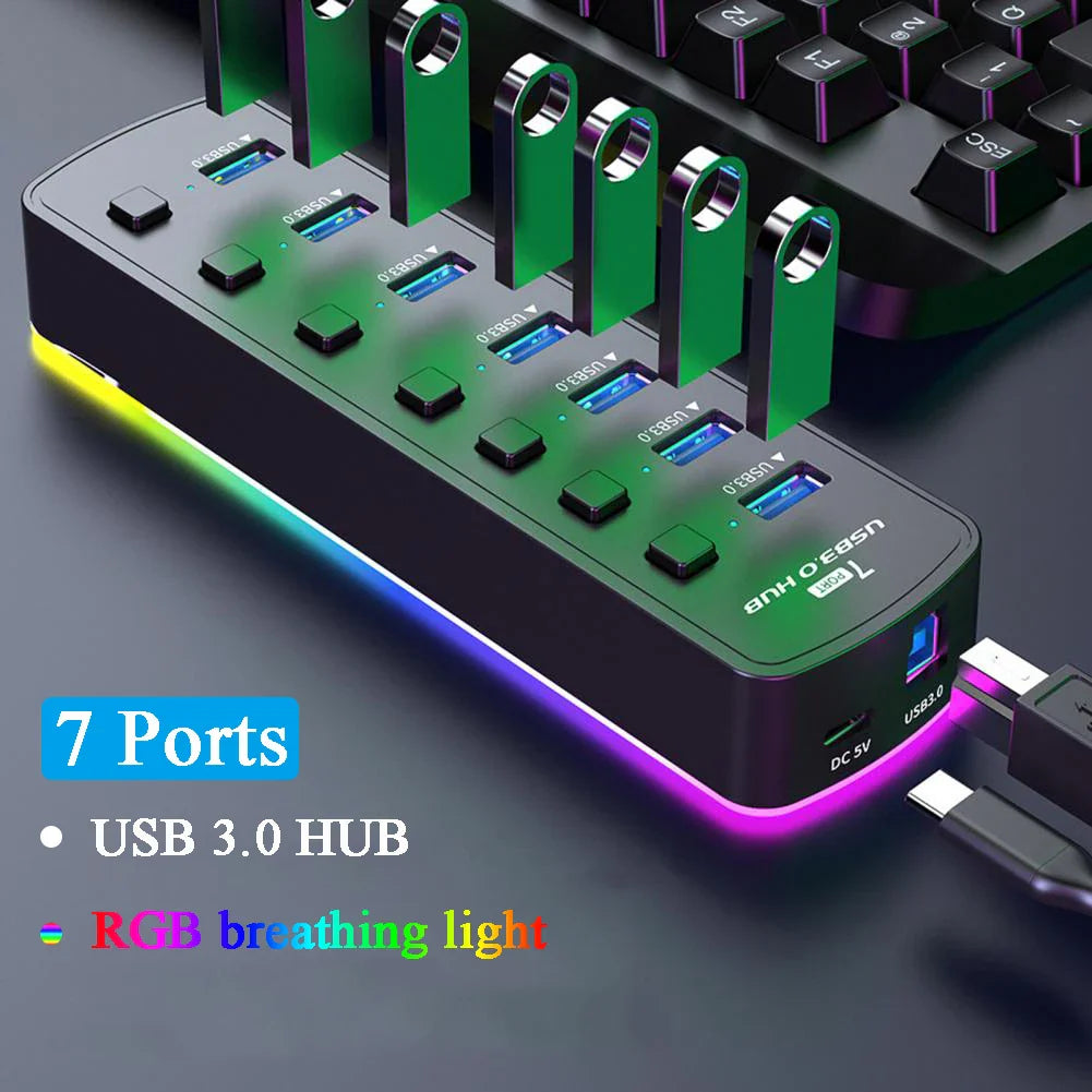 RGB 7-Port USB 3.0 Hub – 5Gbps Data Splitter with Individual On/Off Switch for Laptop & PC Gaming