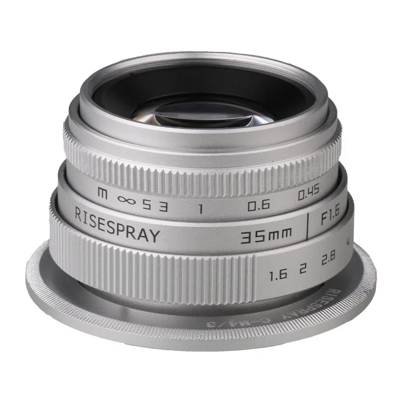 Silver Mini 35mm f/1.6 APS-C CCTV Lens with Adapter Ring — Compatible with Panasonic/Olympus Micro 4/3, Sony E, Canon EOS-M, Fujifilm