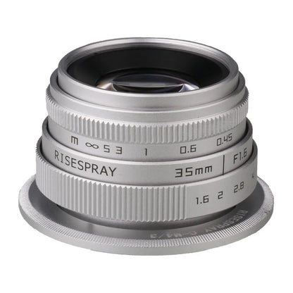 Silver Mini 35mm f/1.6 APS-C CCTV Lens with Adapter Ring — Compatible with Panasonic/Olympus Micro 4/3, Sony E, Canon EOS-M, Fujifilm