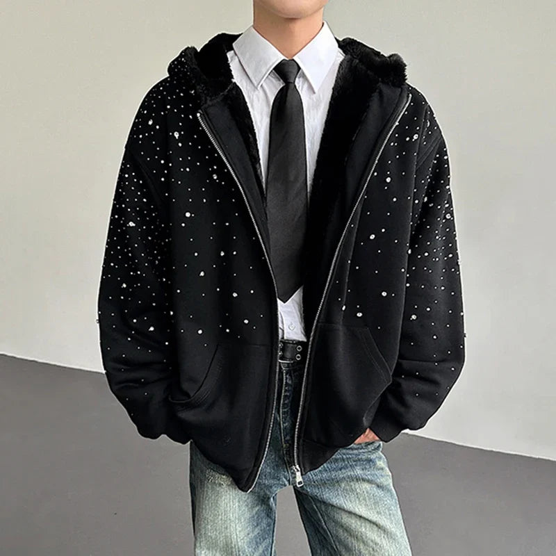 Men’s Faux Fur Patchwork Hoodie - Diamond Design Zip-Up Sweater with Loose Fit