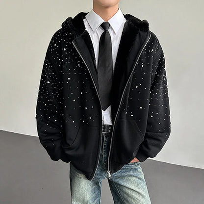 Men’s Faux Fur Patchwork Hoodie - Diamond Design Zip-Up Sweater with Loose Fit