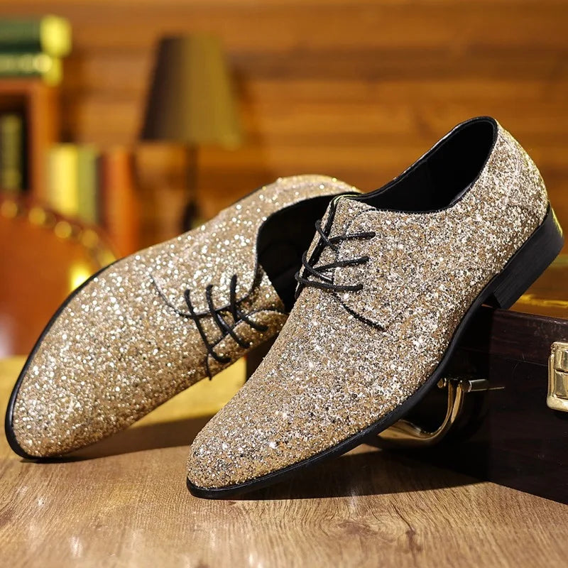 Men’s Luxury Sequin Oxford Dress Shoes - Gold & Silver Lace-Up Wedding Flats Large Size